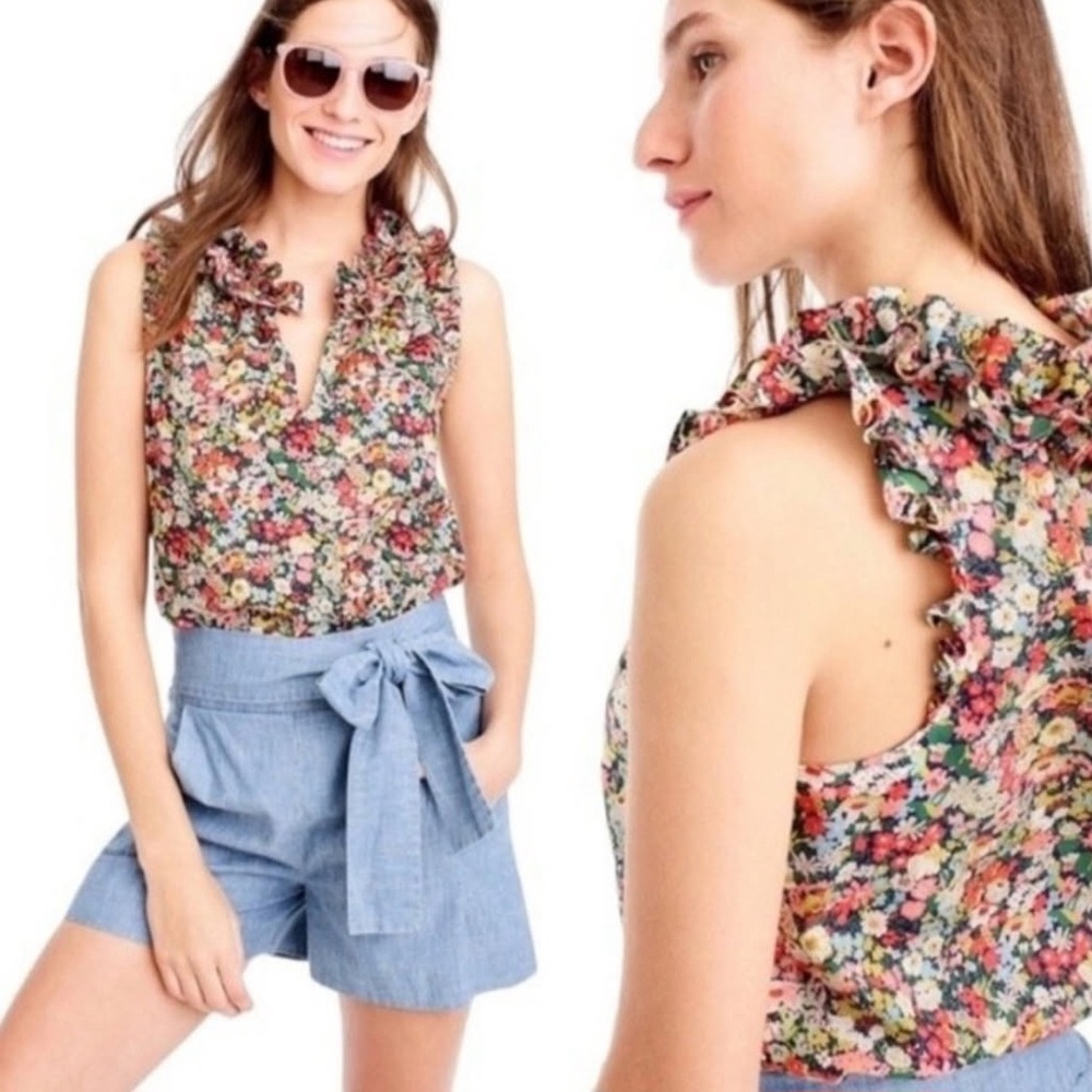 J Crew Liberty of London Women’s Floral Thorpe Hill Sleeveless Ruffle Blouse